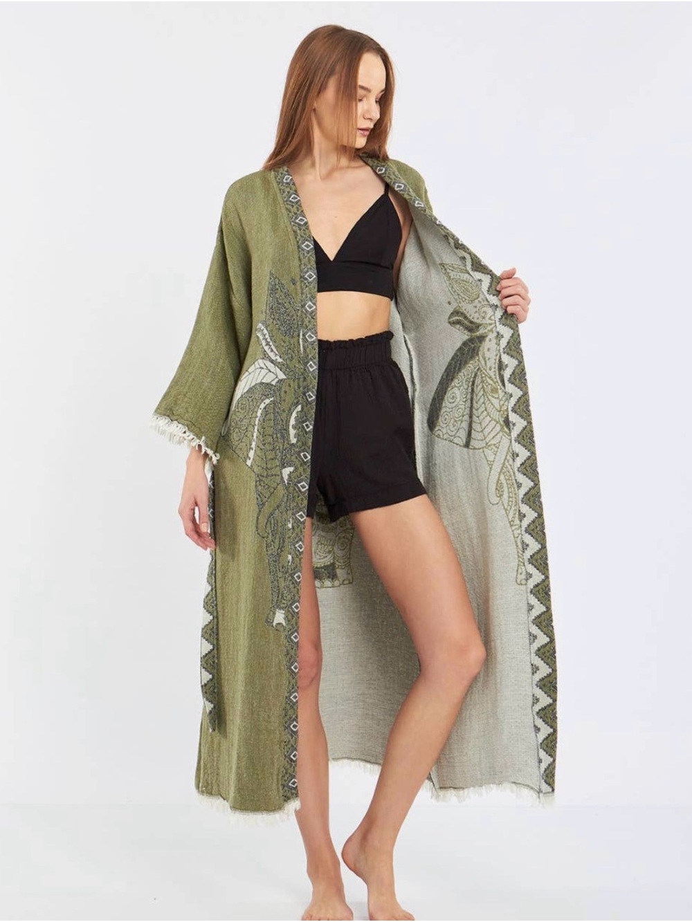 Olive Green Organic Cotton Turkish Robe Kaftan Duster Beach Cover up